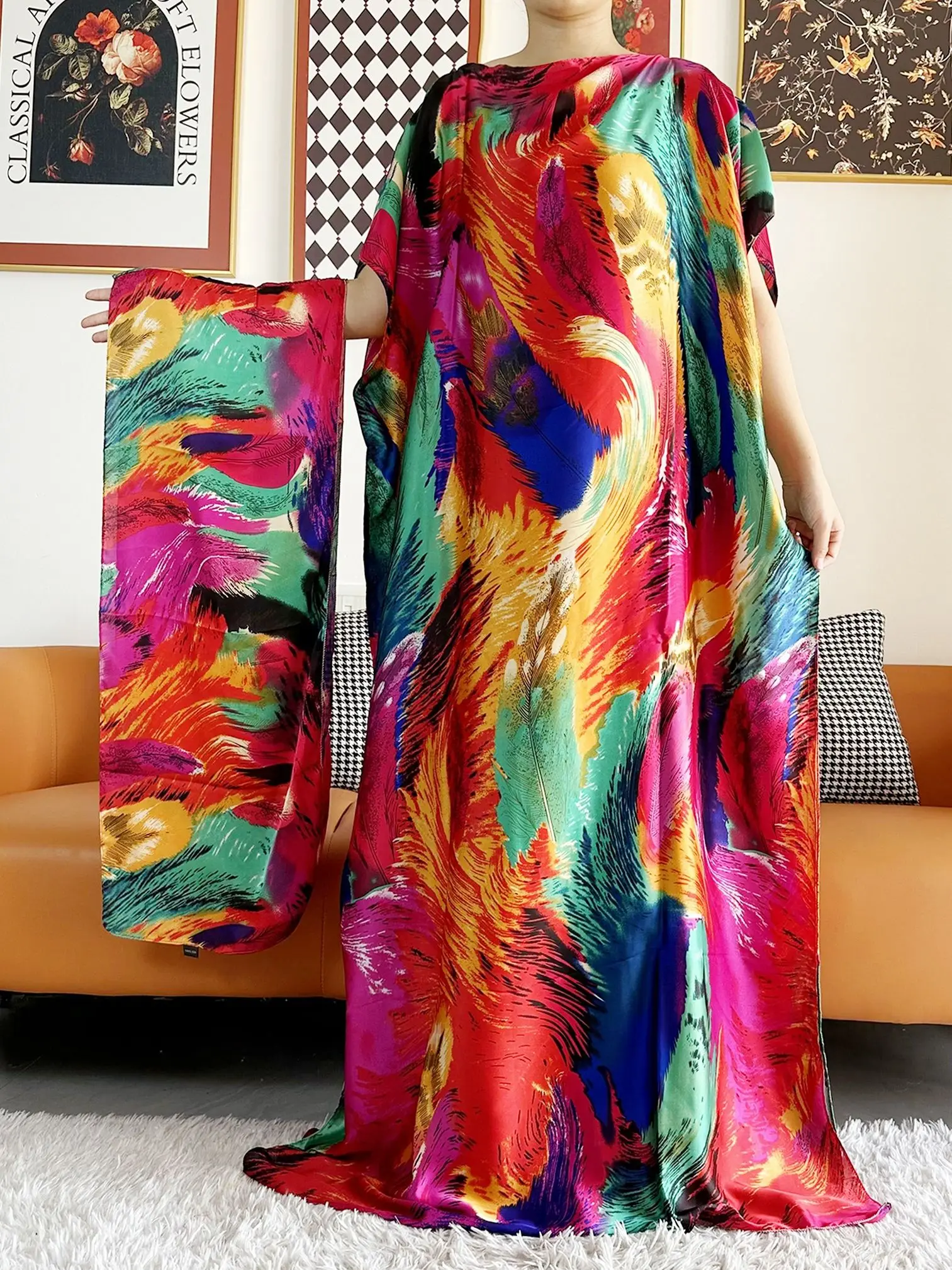 Abayas For Women 2023 Printed Silk Soft Loose Femme Robe Muslim Summer Fashion Clothing African Islam Woman Dresses With Scarfs