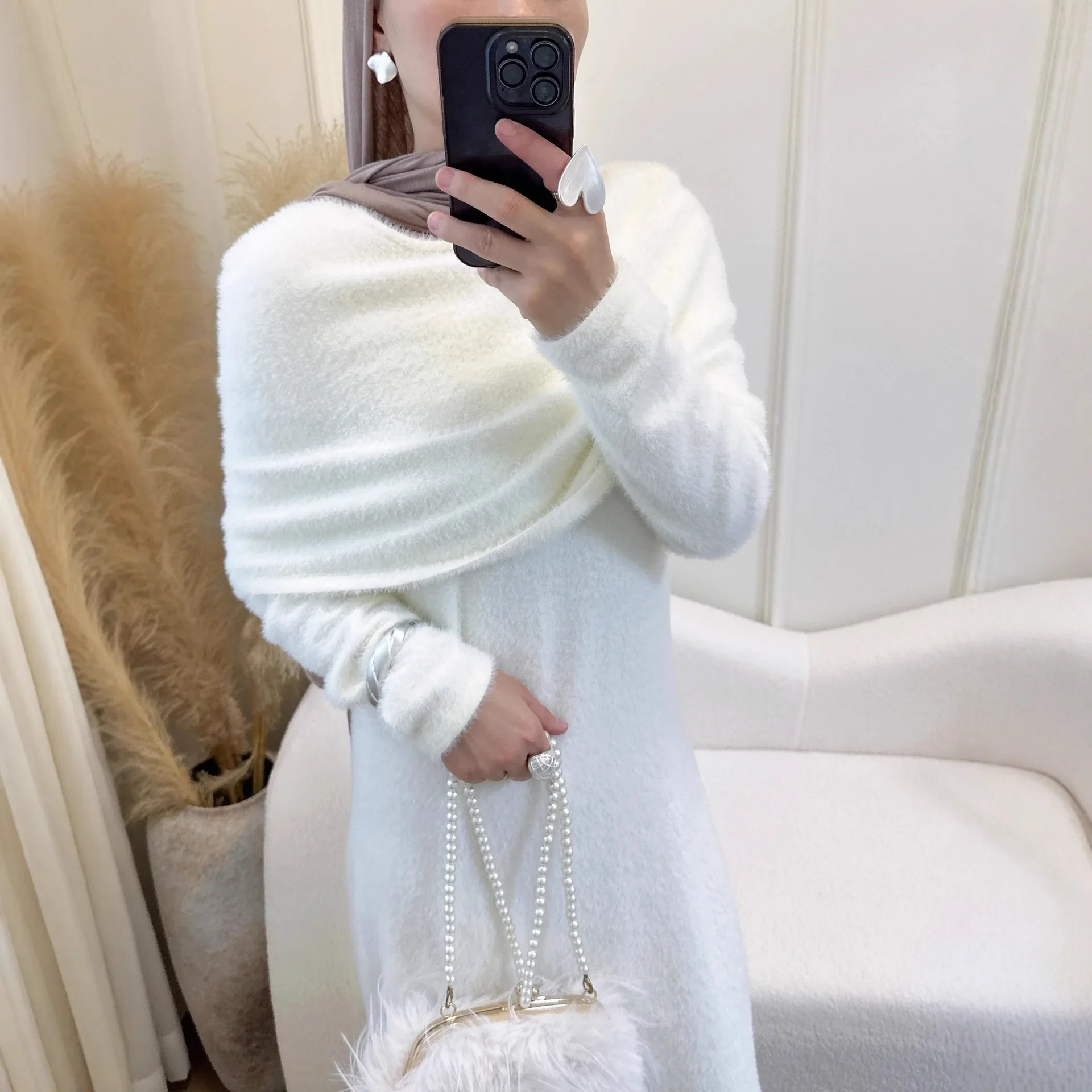 

Winter Furry Muslim Sets for Women Sweater Dress Turkey Kaftan Abaya Shawl Robe Islam Clothing Outfits Femme Musulmane Ensembles