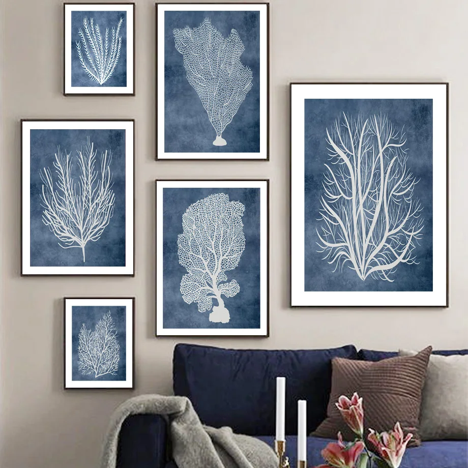 

Navy Blue Sea Coral Seaweed Wall Art Canvas Painting Nordic Posters And Prints Beach House Wall Pictures For Living Room Decor