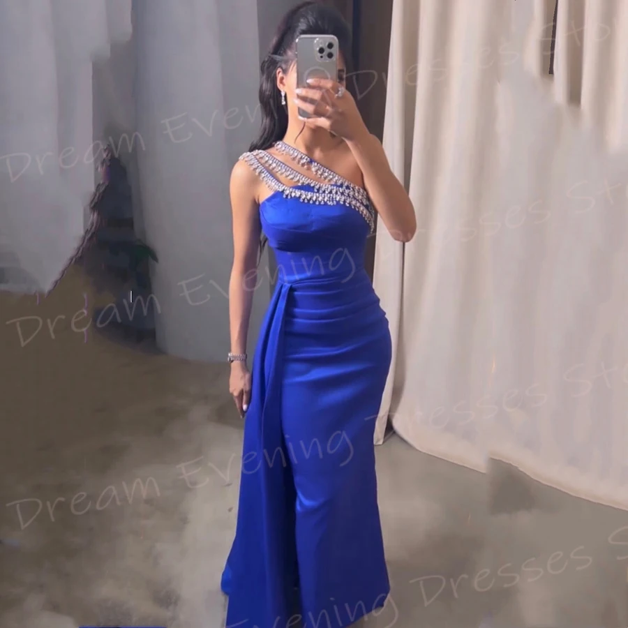 Arabic Modest Navy Blue Women's Mermaid Classic Evening Dresses Fascinating Sleeveless Prom Gowns Pleated Robe De Soiree Femmes