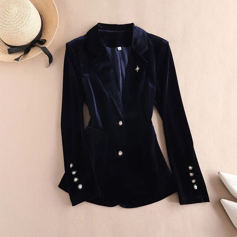 High End Golden Velvet Suit Jacket For Women's Spring Womens Tops And Blouses 2023 New Korean Version Slim Fit Professional Coat