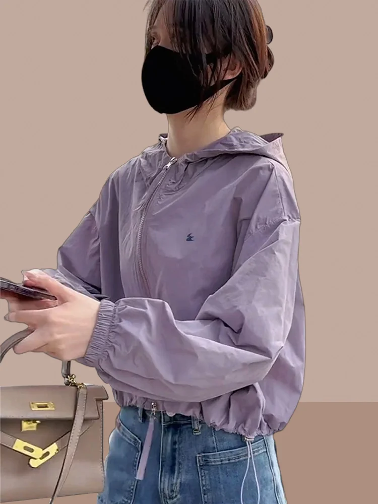 Women's Summer Thin Loose Casual Sun Protection Outerwear Hooded Open Cardigan Long Sleeve Cotton Coat Multi-Functional