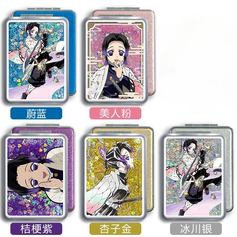 Demon Slayer Kochou ShISA Bu Cosmetic Mirror, Animation Peripheral, Cute Cartoon, Quicksand, Foldable, Kawaii Gift for Friends