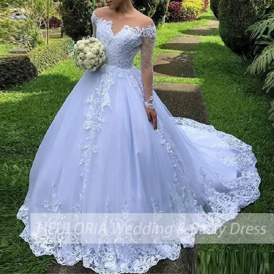 Abito da ballo Abito da sposa Abito da sposa a maniche lunghe con spalle scoperte Applicazioni in pizzo vestido De Noiva Sweep Train Abito da sposa da sposa