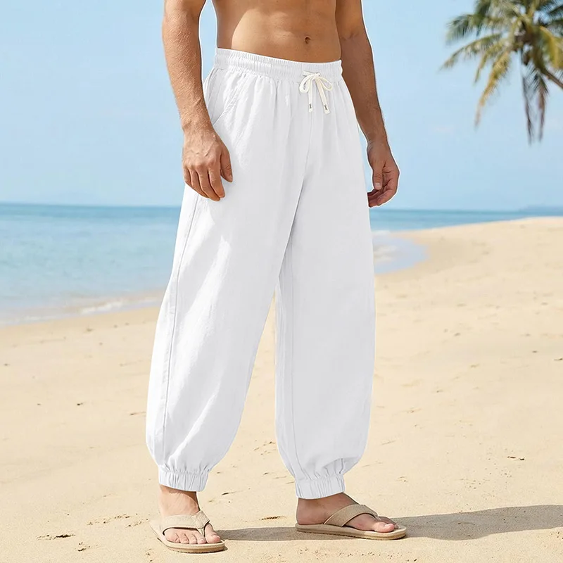 Europäische und amerikanische Freizeithose für Herren: Sommerliche Strand-Leinenhose in Übergröße mit Bündchen am Knöchel – Detail 3