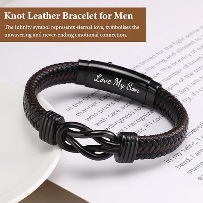 Brown Braided Leather Stainless Steel Infinity Knot Bracelets for Son Man Husband Boyfriend Personalized Birthday Christmas Gift