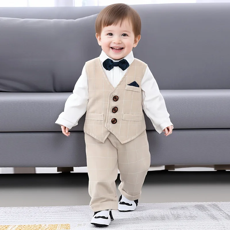

Spring Autumn Baby Boys Gentleman British Style Romper 3pcs Set Infant Formal Outfit Wedding Birthday Party Vest Pants Clothing