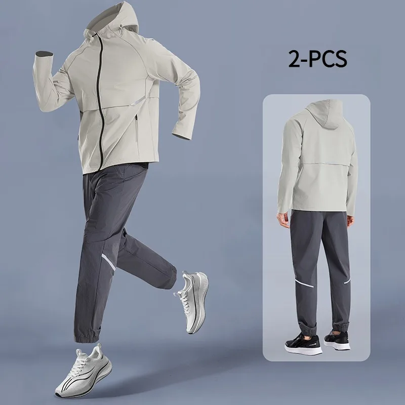 Men's 2-Piece Running Workout Set with Hood Quick Dry Top And Long Pants Breathable Sweat Absorbent Fitness Sports Jacket