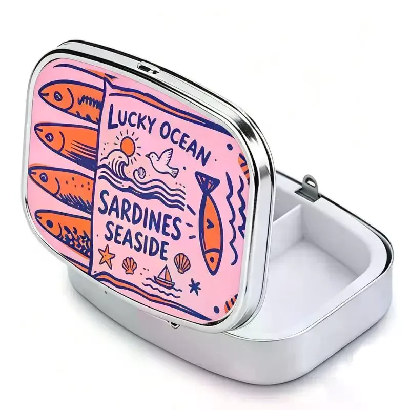 Portable Metal Pill Case Cartoon Sardine Print 2-Compartment Small Medicine Storage for Travel Daily Use