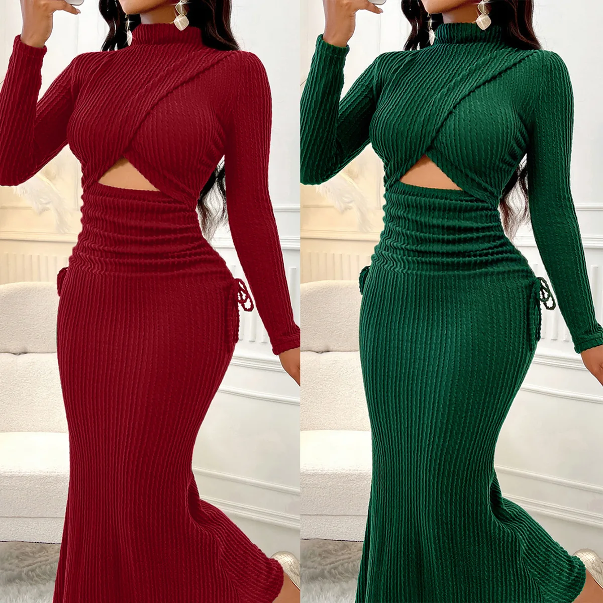 Beach Bath Woman 2024 Sexy Cover Up Swimwear Long Sleeve Cape Swimsuit Robe Dress Autumn New Crewneck Polyester Solid Hollow