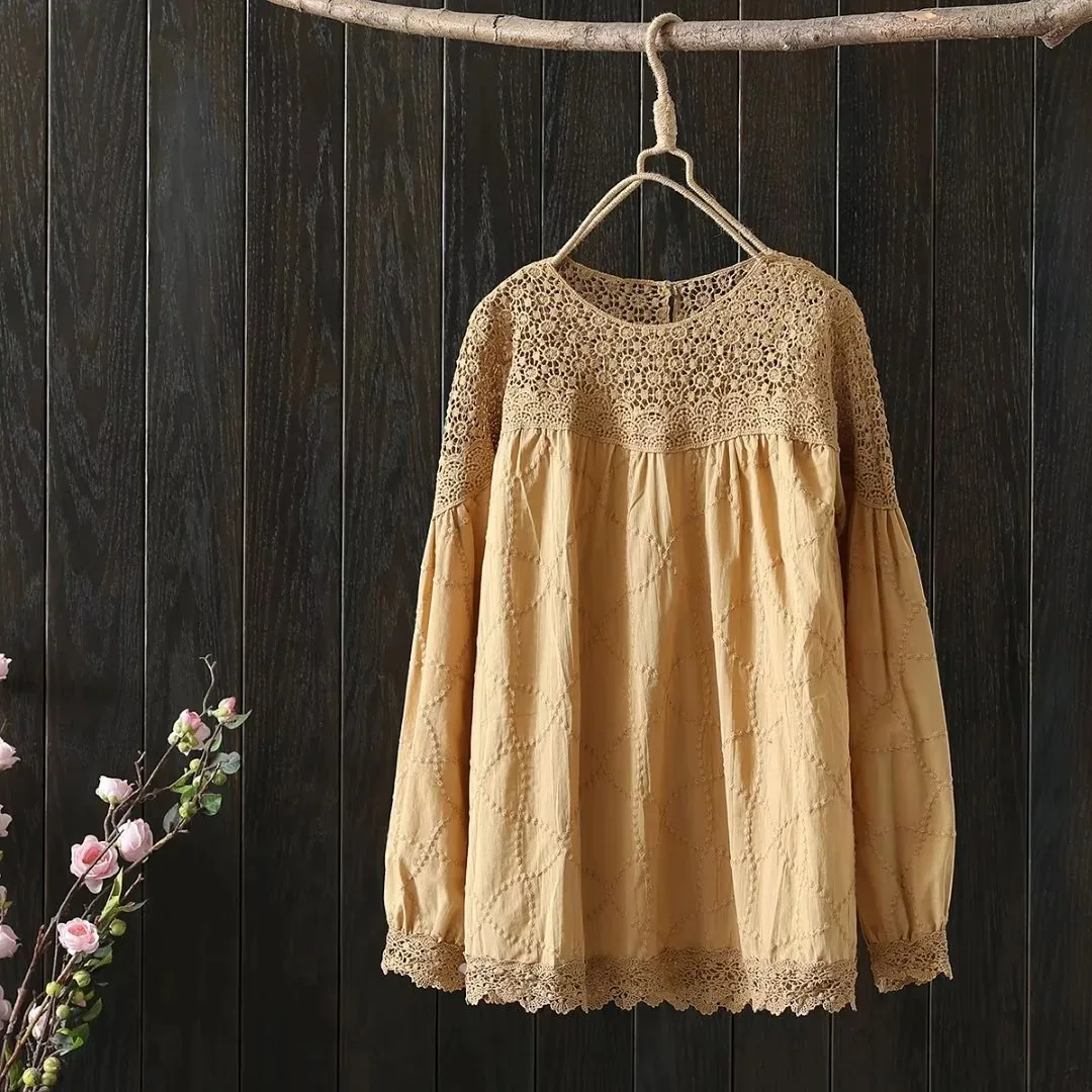 Autumn Medium Long Cotton Shirts Women Round Collar Tops Long Sleeve Hollow Crochet Lace Patchwork Loose Casual Blouses T37959JC