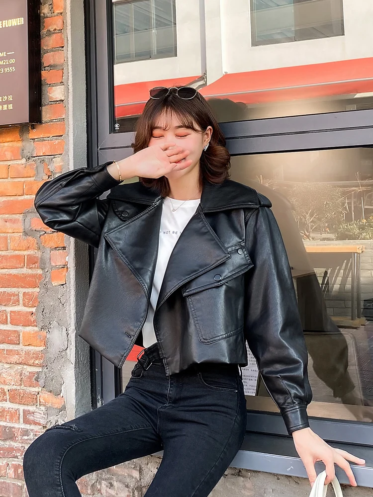 

New Spring Autumn Women Leather Jacket High Street Faux Leather Coat Biker Outwear Asymmetric Casual Motor Jackets