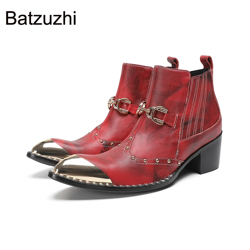 

Batzuzhi Rock Punk Men's Boots Metal Toe Red Short Leather Boots Man Zip Punk Leather Boot Motocycle 6.5CM Heels!