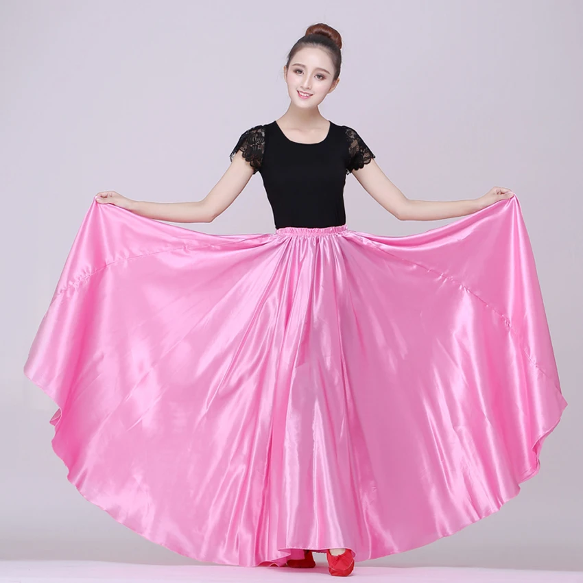New10 Colors Satin Smooth Solid Spanish Flamenco Skirt Plus Size Performance Belly Dance Costumes Femal Woman Gypsy Style Skirt