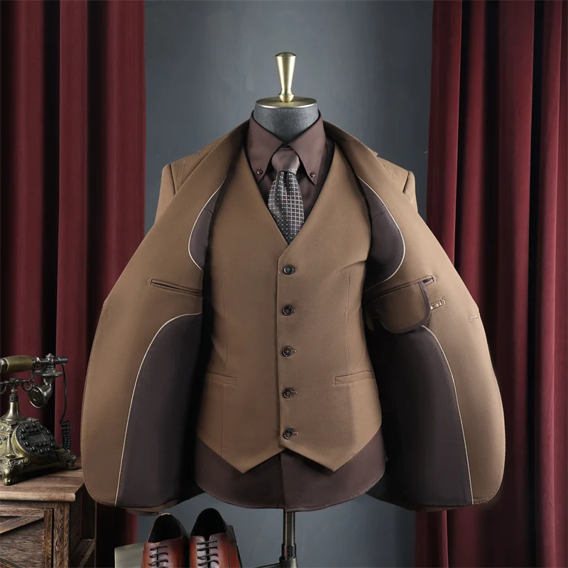 Men's Tailored Slim 3‑Piece Suit Jacket Vest Pants Elastic Fine Texture Wrinkle‑Resistant Formal Outfit Set For Social Banquet