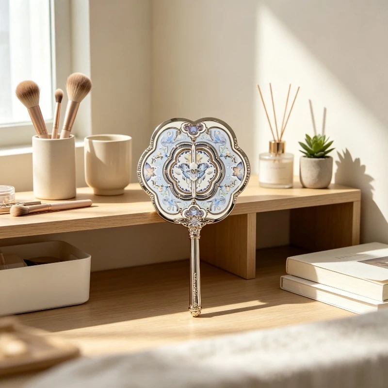 Romantic Strawberry-themed Hand Mirror, Vintage Floral Pearl Compact Tool, New Limited Portable Makeup Mirror for Girls.