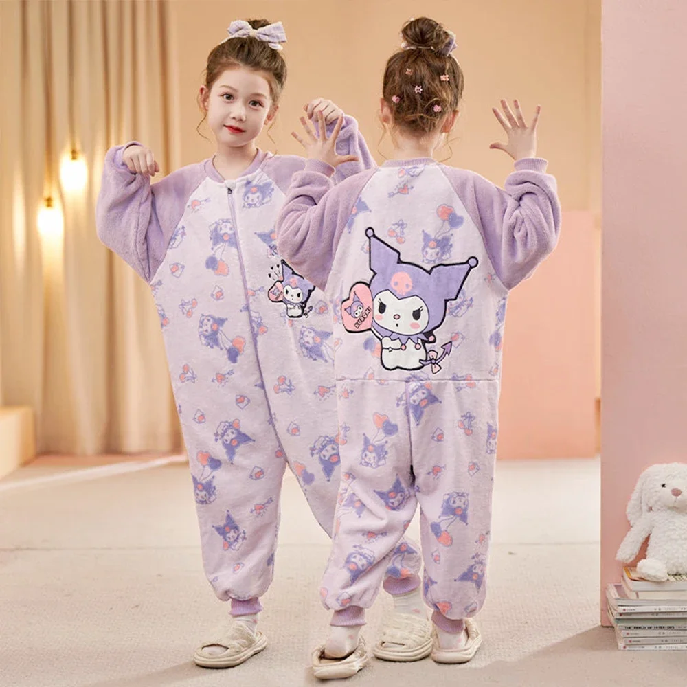 Kawaii Kuromi Plush Siamese Pajamas Sanrio My Melody Anime Thickened Women Child Jumpsuit Nightgown Cute Winter Warm Homewear