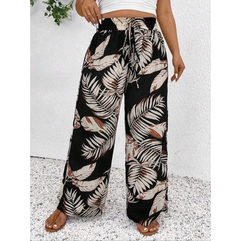 プラスサイズ 1XL-5XL 女性用花柄パンツ 春夏 薄手 ハイウエスト スリム アイスシルク ストレッチ 花柄 ストレートレッグ レディースパンツ