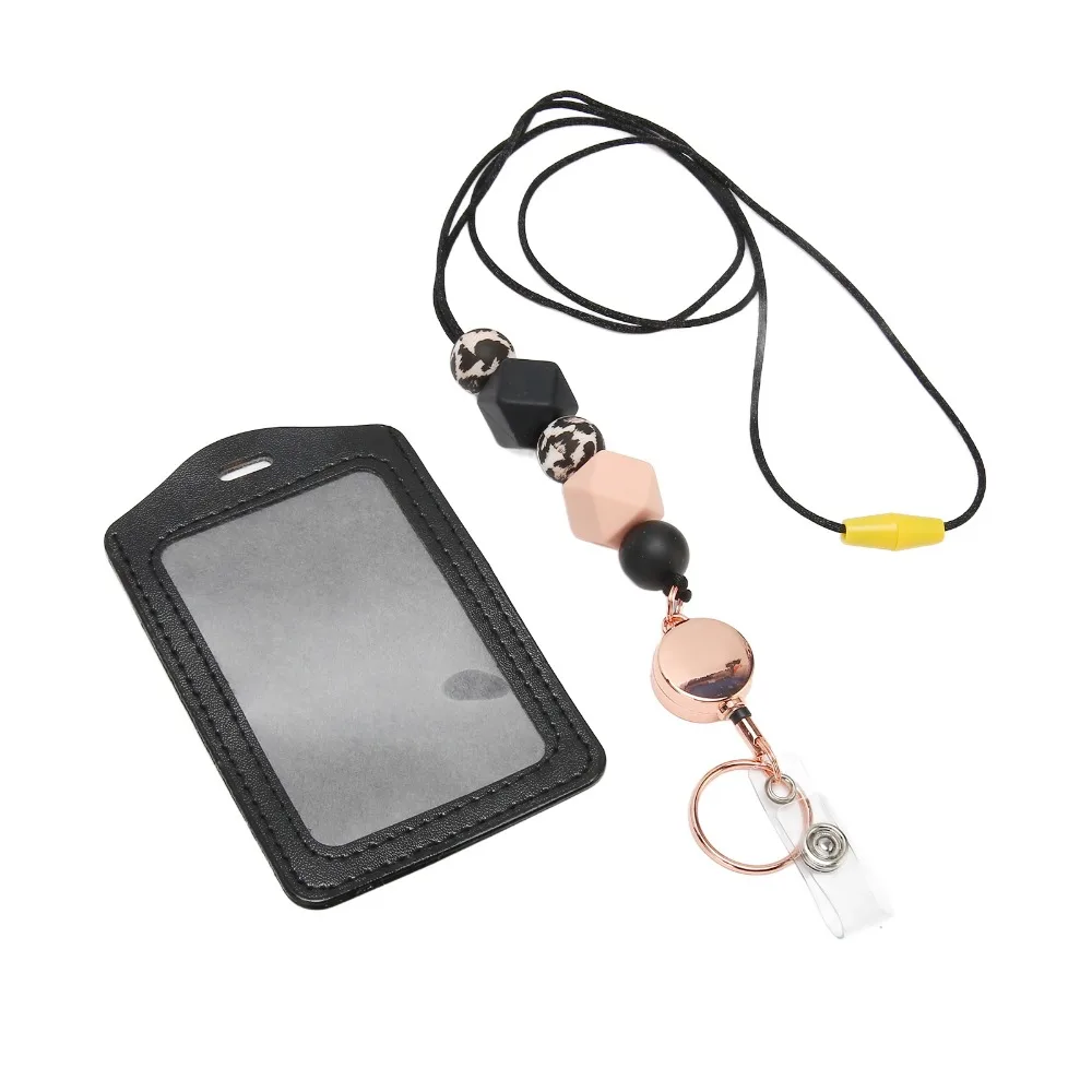 Retractable Silicone Beaded Lanyard Flesh Pink/Pink/Purple/Grey PU Material ID Badge Holder with Lanyard Comfortable Neck Strap