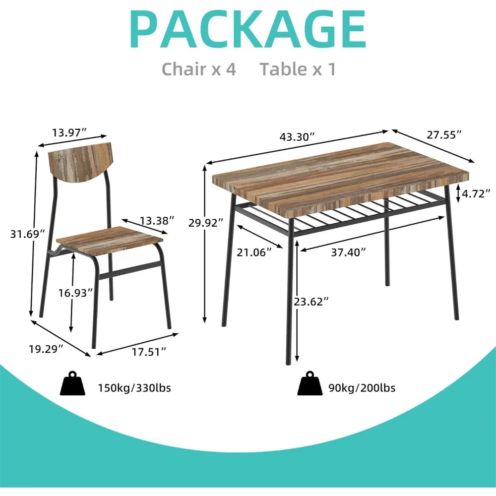 43" Dinning Table Sets for4, Kitchen Table and Chairs Set, Metal Frame& Storage Rack, Dining Room,Small Space (Brown 5 Piece)