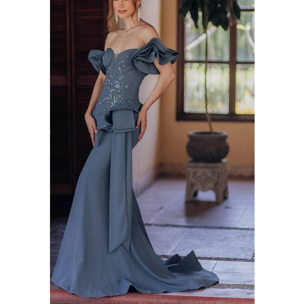 Luxury Gray Women Prom Dresses Sweetheart Floor Length Mermaid Beading Off the Shoulder Sleeves Female Banquet Evening Gowns