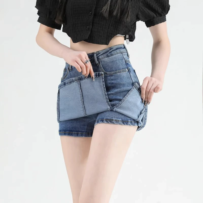 Retro Hong Kong style denim bustier skirt women show high thin high waist elastic Slim versatile anti-glare package hip skirt