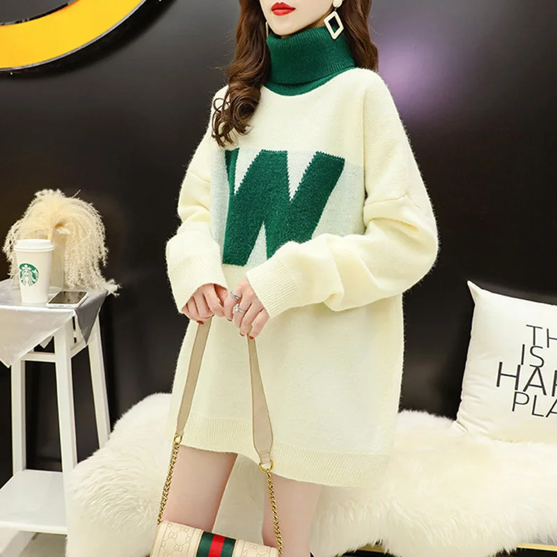 DAYIFUN-Women's Knitted Sweaters,2022 Winter New,Thickened Warm,High Neck Pullovers,Contrast Color,Korean,Loose Bottomed Jumpers