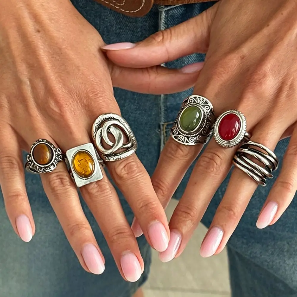 Korean Exaggerated Stackable Rings Alloy Irregular Inlaid Stone Rings Set Y2K Ethnic Style Geometric Open Ring Jewelry Gifts