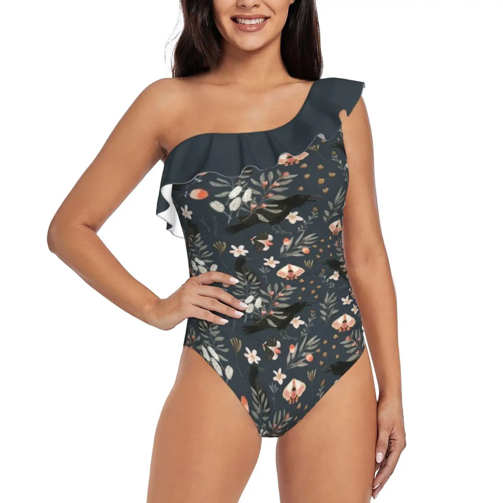 

Black Crow And Butterflies One Piece Swimwear One Shoulder Ruffle Swimsuit Women Backless Bathing Suit Butterflies Crow Blue