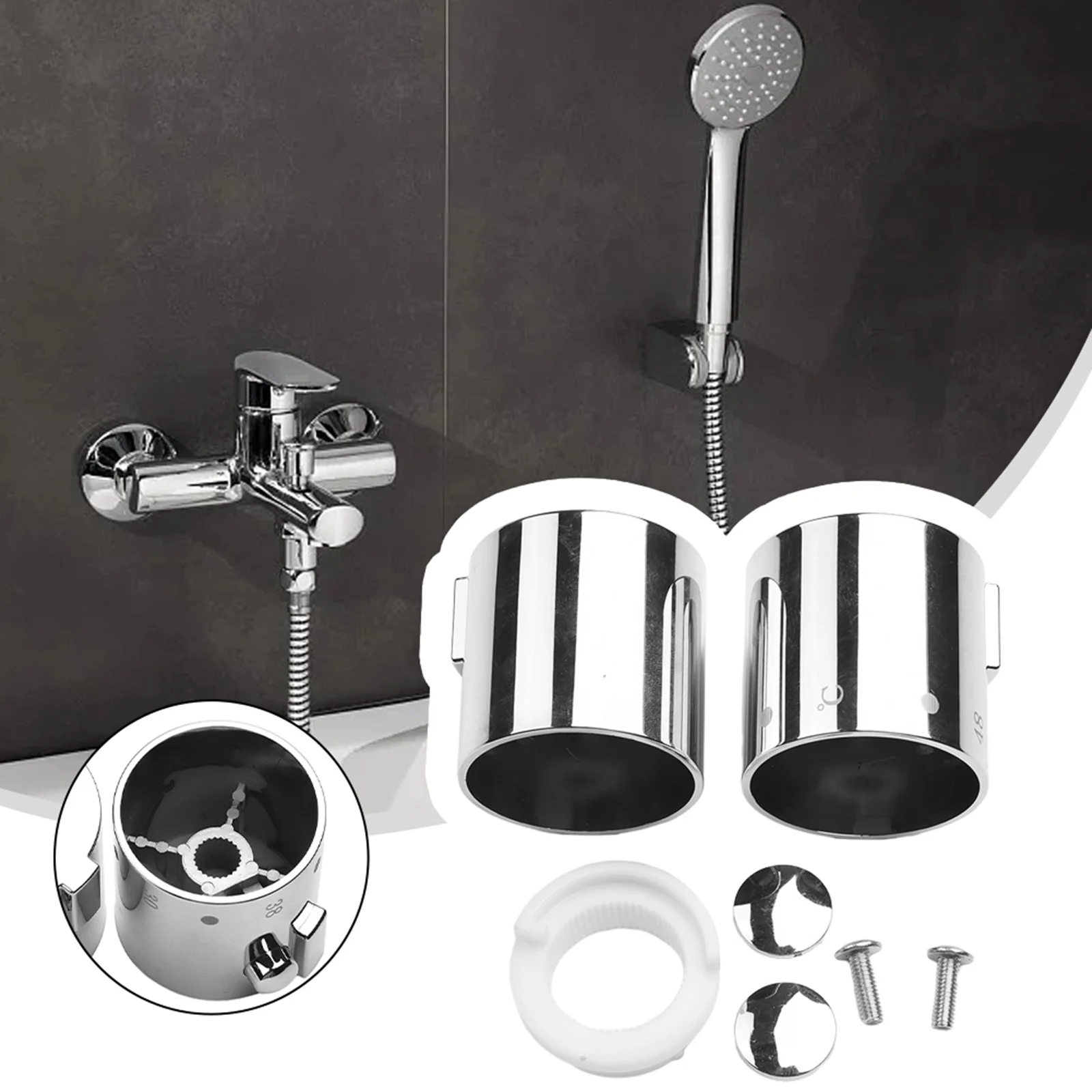 Chrome ABS Knob Handle Pair for Shower Mixer Thermostatic Control with Grub Screw and Stop Ring for Installation