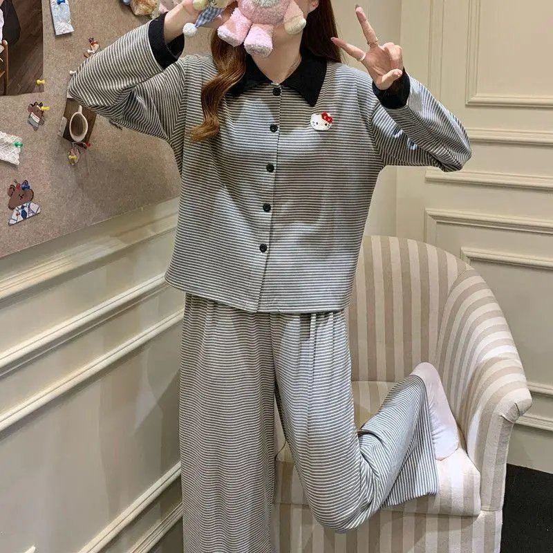 Hello Kittys Striped Sleepwear Women's 2026 New Autumn Winter German Velvet Long Sleeved Home Suit Set Cute Cartoon Comfortable