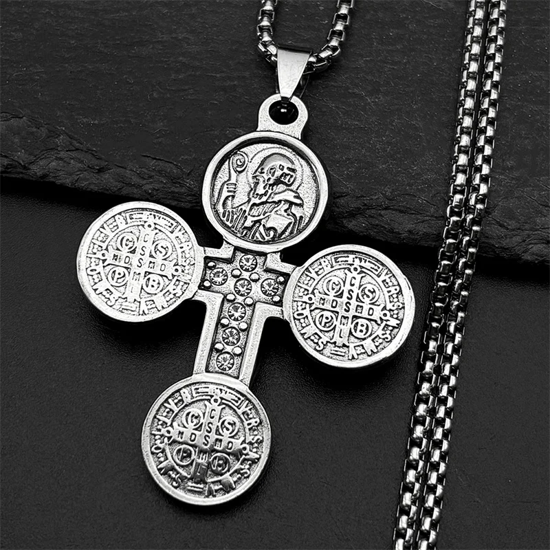 

Catholic Saint Benedict Medal Rhinestones Cross Pendant Necklace for Women Men Gold Color Stainless Steel San Benito Jewelry