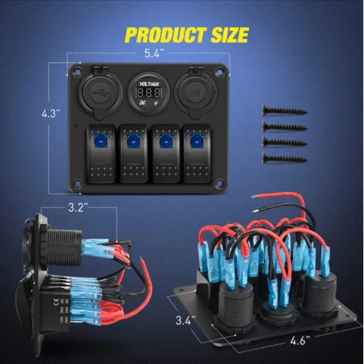 4+3 IP65 Blue Boat Type Switch Panel Car Charging+Voltmeter+Cigarette Lighter Socket Combination Panel