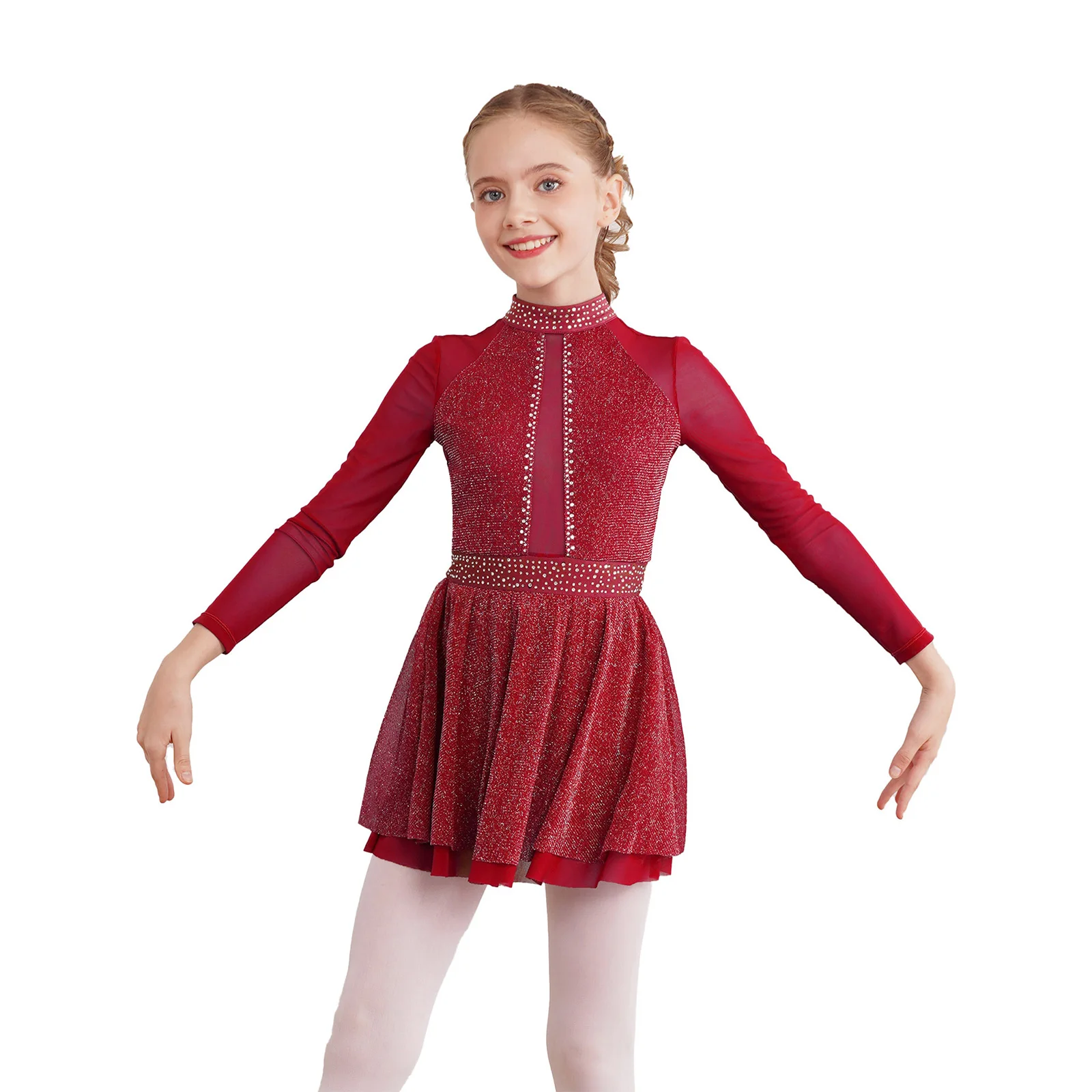 New Kids Girls Ballet Leoatards Dress Gymnastics Figure Skating Dance Dress Long Sleeve Shiny Rhinestone Mesh Lyrical Dancewear