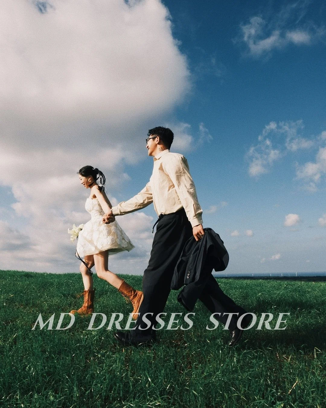 MD Simple White Short A-line Wedding Dresses For Woman Sleeveless Applique  Korea Photo shooting 웨딩드레스 Customized Bride Gowns