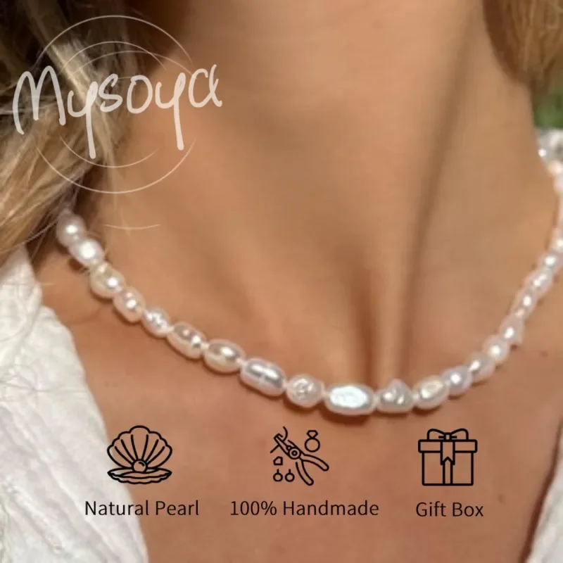 

MYSOYA White Baroque Freshwater Pearl Necklace 6-7mm With Gift Box, For Her/Him, Birthday/Wedding/Christmas/New Year Gift