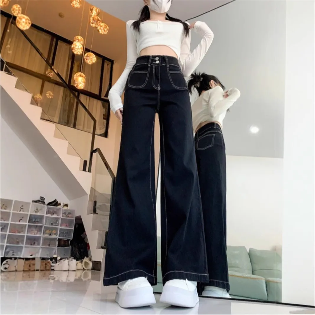 

High Waist Wide Leg Jeans Women's Trendy Summer New Loose Straight Micro Flared Pants Versatile Casual Style Zipper Closure