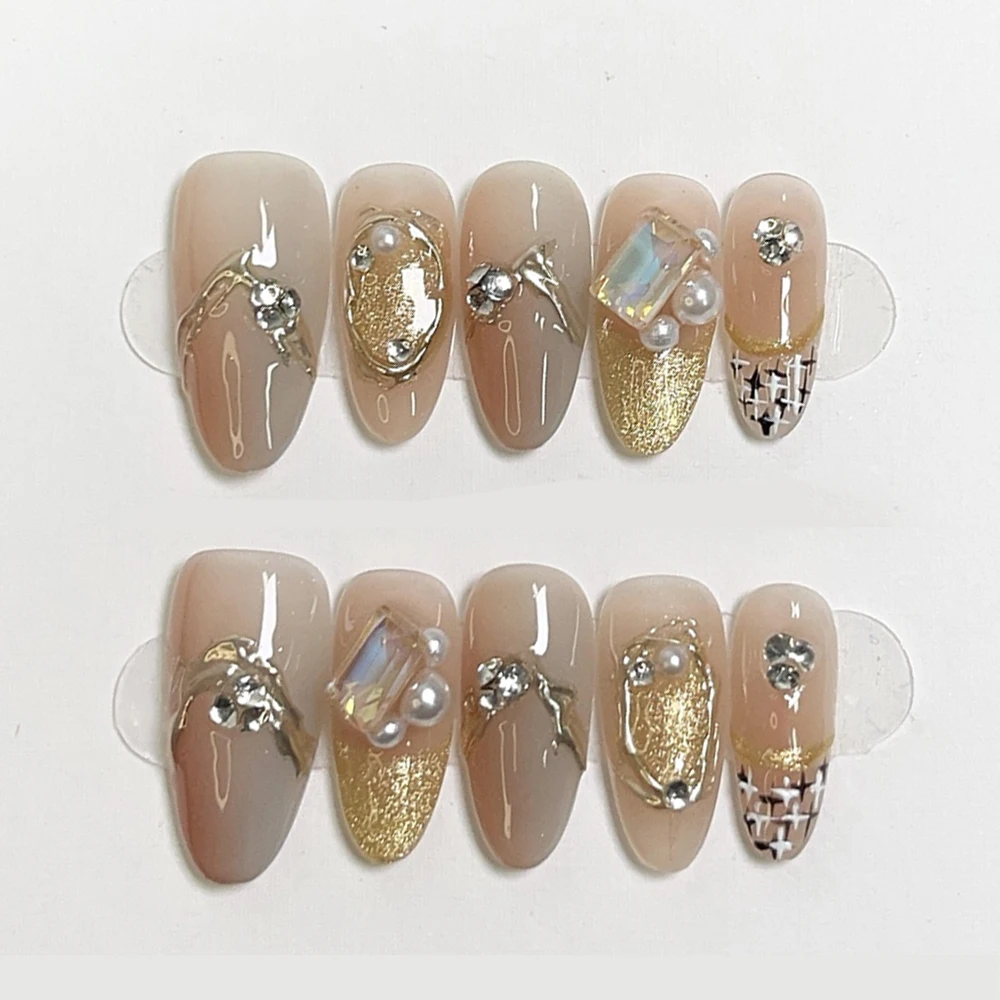 10pcs Handmade Brown Leopard Print Almond Press On Nails Sweet Punk Glossy French Reusable Fake Nail  Artificial False Nails Tip