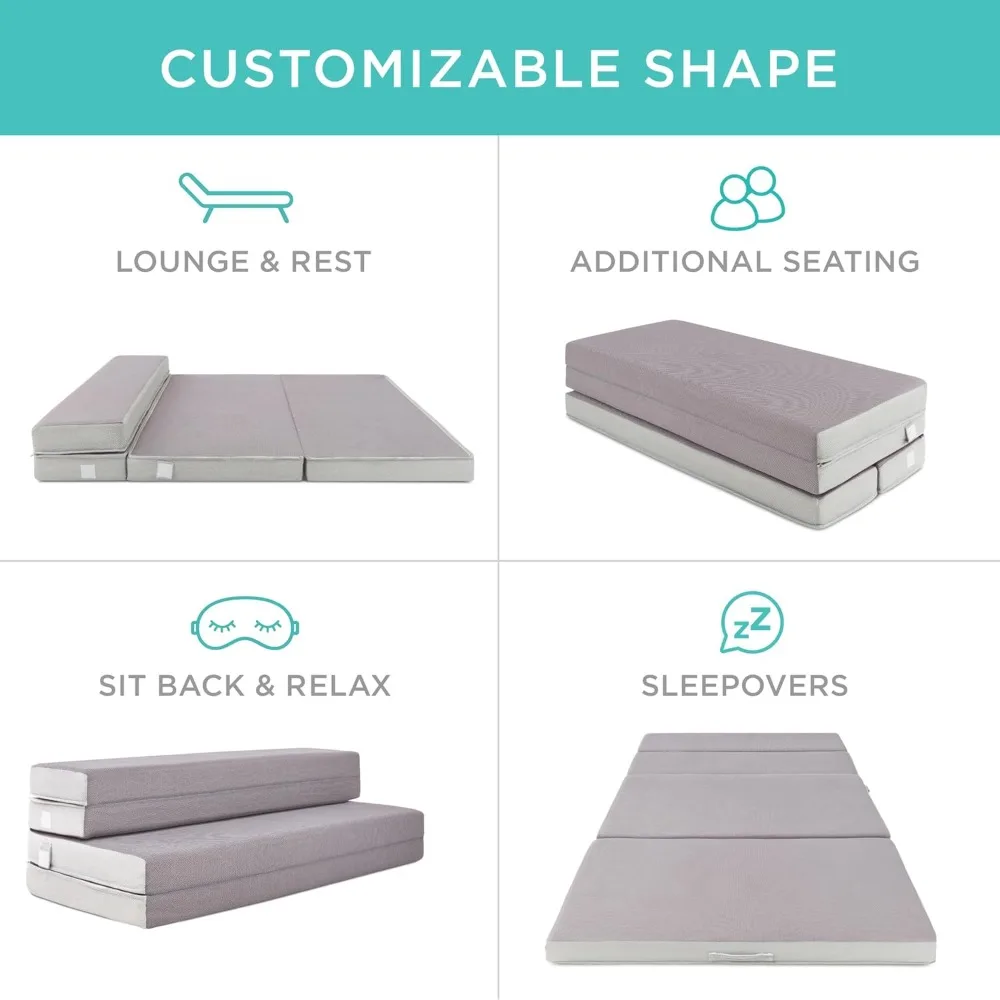 

4in Portable Tri-Fold Mattress for Camping, Guest & Toddler - Plush Foam with Carry Case, Grey