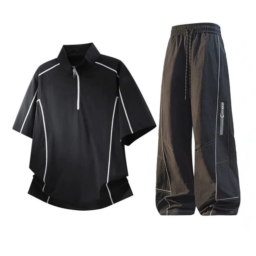 American Bright Line Sports Suit Men's Summer Thin Breathable Semi-zipper T-shirt Trousers Two-piece Set