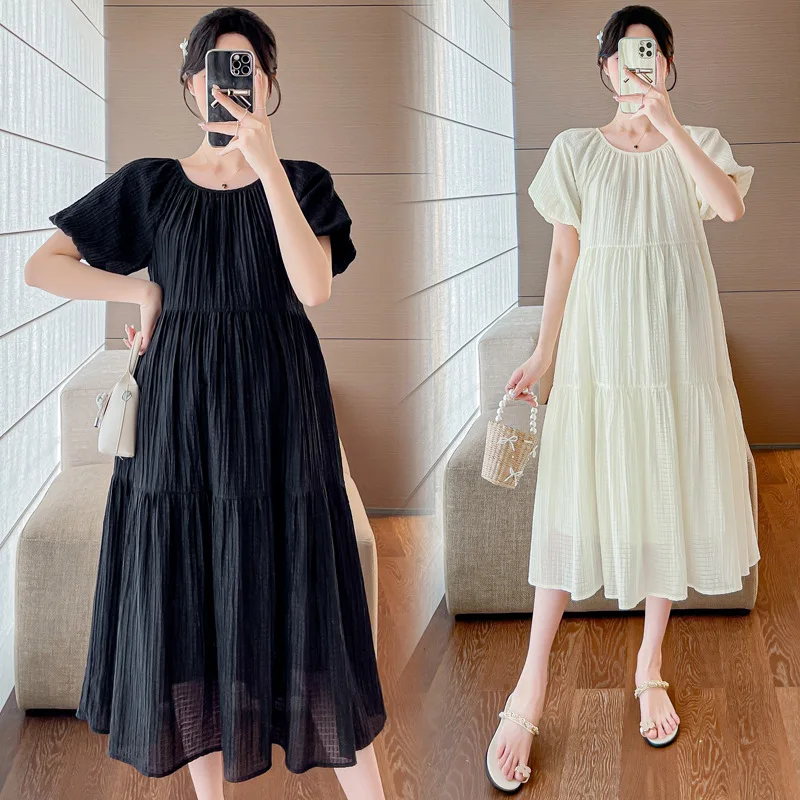 

2024 Summer Pregnant Woman Elegant Dress Puff Sleeve Maternity Midi Dress Black Beige