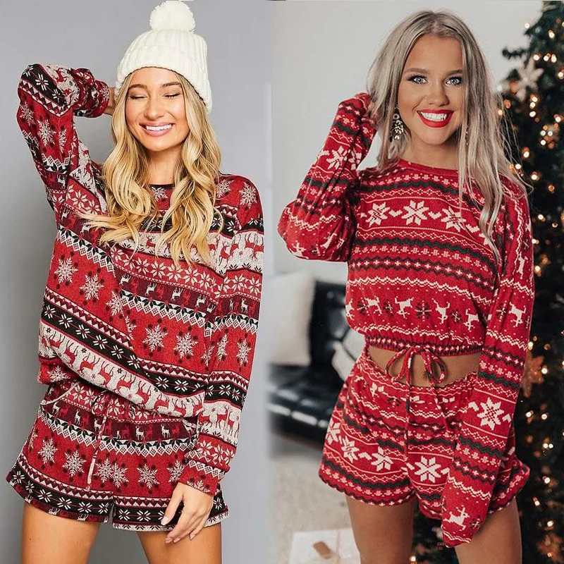2 Pieces Women Sets Autumn New European Printed long-sleeved top+shorts Loose Christmas Home women's Sets