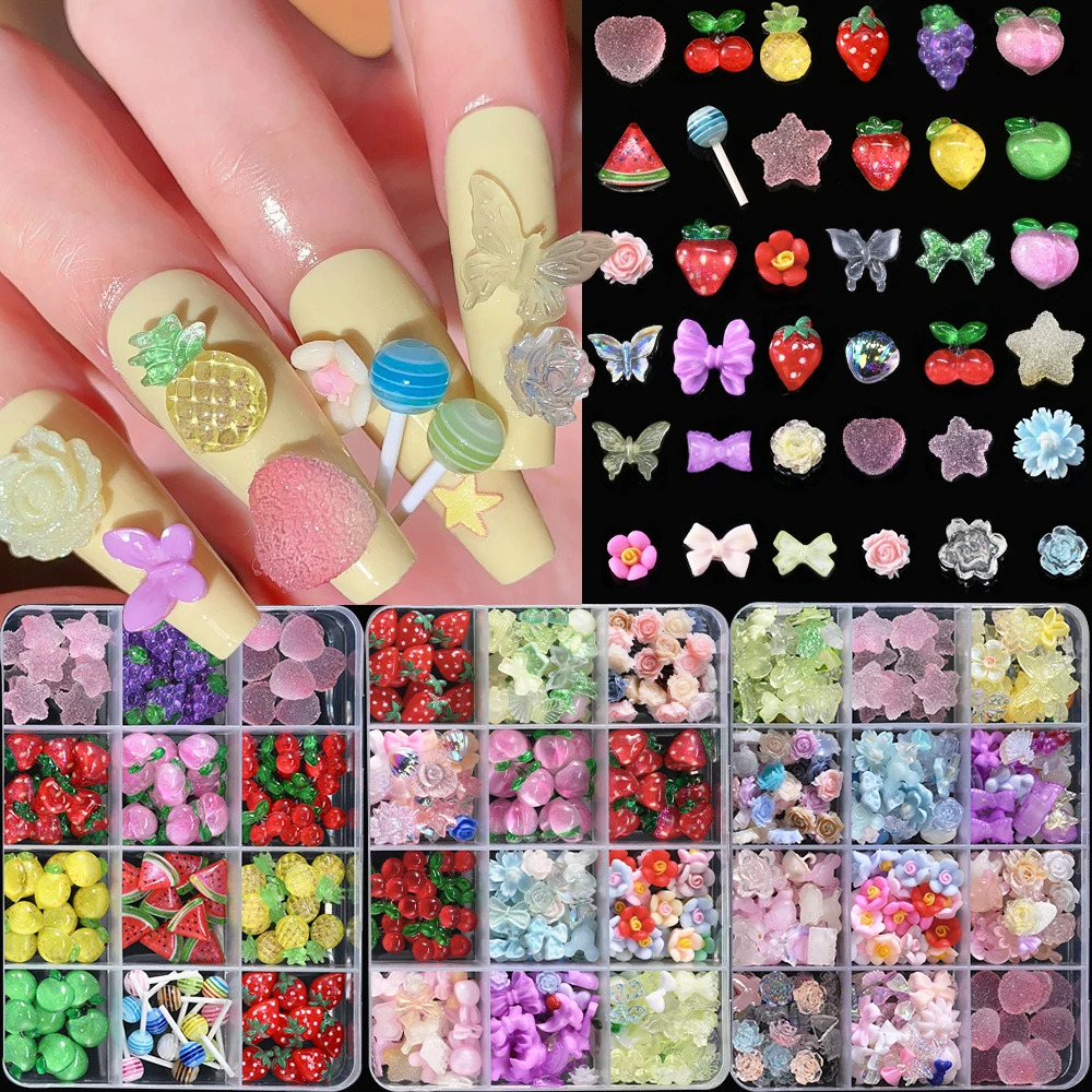 

15Grids^#3D Cartoon Cherry/Flowers/Butterfly/Bowknots Mixed Resin Nail Charms Flat Back DIY Decoration Nail Art Accessories Tool
