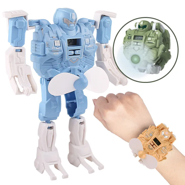 

Children's Cartoon Electronic Transformation Fan Watch Toy Portable Mini Transforming Robot Fan Foldable Multifunction Watch Toy