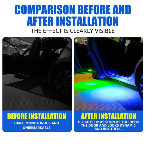 Imagen 2 del producto Luz de bienvenida para puerta de coche, luz de ambiente LED RGB/blanca, inalámbrica, iluminación nocturna para puerta abierta, lámpara anticolisión, carga USB