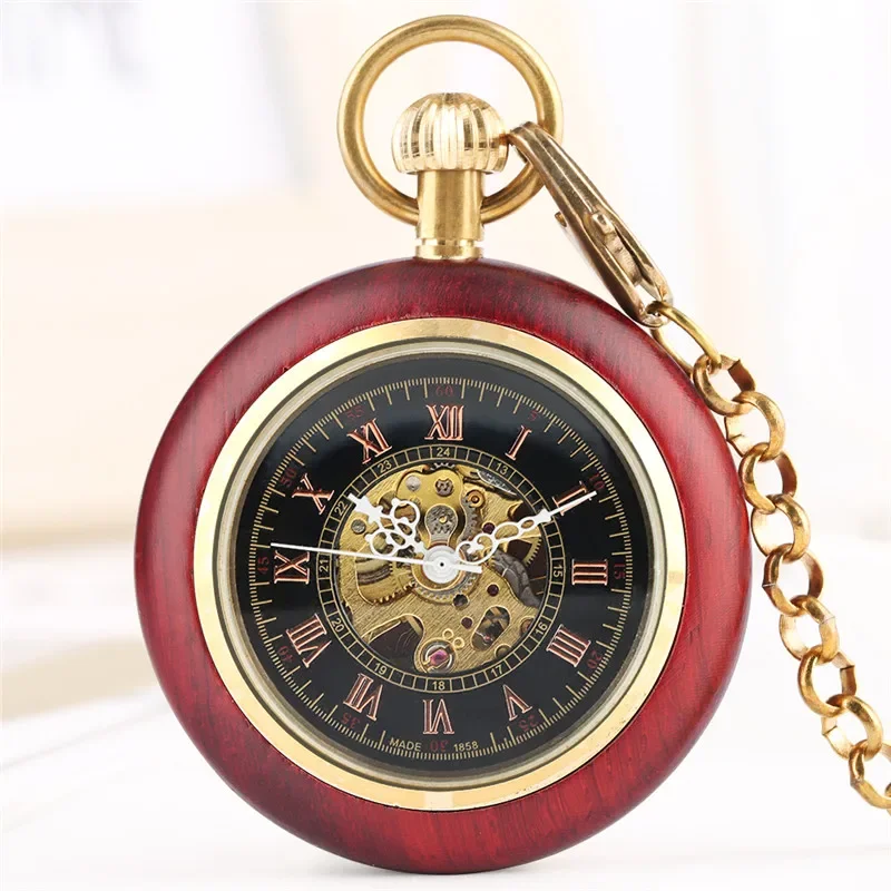 Antique Red Sandalwood Pocket Watch Open Face Automatic Mechanical Watches Roman Number Dial Pendant Chain Clock for Men Women