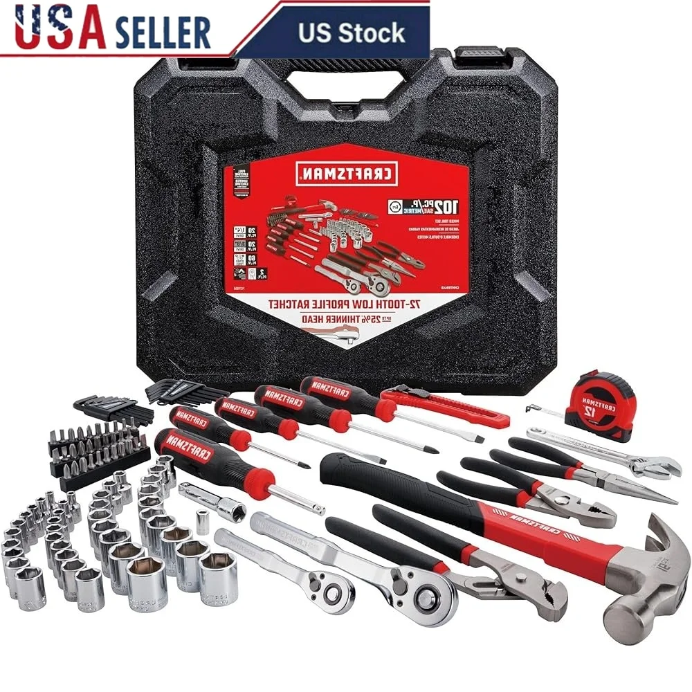 

102 Piece Durable Tool Kit Home and Car Includes SAE and Metric Sockets Hand Tools and Accessories