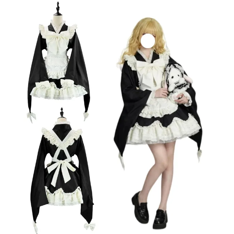 

Japanese Black Maid Lolita Dress Anime Cosplay Costume Long Sleeve V-Neck Dress Bow Knot Comic Con Role Play Clothing for Women