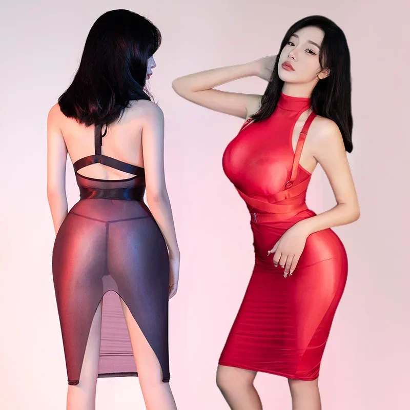 Bata transparente Sexy para mujer, brillante al óleo, moulante, lencería erótica, tentación, ropa de boîte de nuit