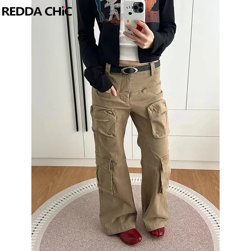 

ReddaChic Khaki Western Women Cargo Pants Big Pockets Low Waist Extra-wide Leg Straight Baggy Jeans Unisex Cowgirl Streetwear